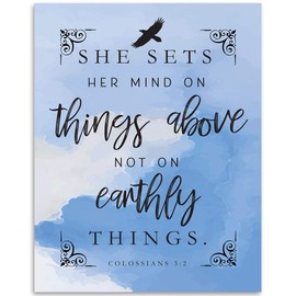 Bible Verse - She Sets Her Mind on Things Above - Colossians 3:2-11x14 Unframed Print, Inspirational Bible Verse Home Decor, Religious Bedroom Decoration, Scripture Clouds Art, Christian Gift Idea