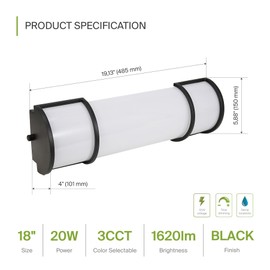 ASD LED 18" Vanity Flush Mount Light Fixture, Linear Bathroom Lighting Bar | 3CCT, Dimmable, Energy Star, ETL Listed | 20W 1650LM 3000-5000K 120V | Long Bath Wall Sconce Over Mirror | Black, 4 Pack