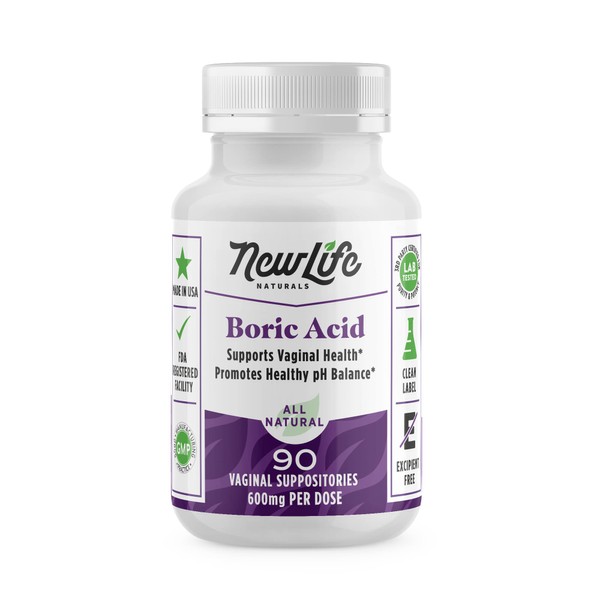 NewLife Naturals - Medical Grade Boric Acid Vaginal Suppositories - 600mg - 100% Pure Womens pH Balance Pills - Yeast Infection, BV - 90 Capsules: Made in USA