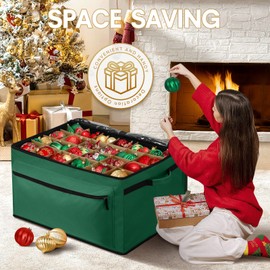 Yonsya Christmas Ornament Storage Box - Holds Up to 72 of 4” Ornaments - 2-in-1 Xmas Figurine Container - 3 Individual Trays - Holiday Christmas Decor Storage Case (Green)