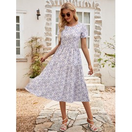 Sureple Boho Dresses for Women 2024 Short Sleeve Causal Crew Neck Tiered Midi Swing A Line Floral Flowy Sundress(SP209-Purple Floral 02-L)