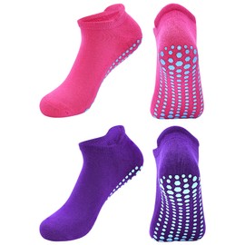 DECOVICI Yoga Women's Socks, Pilates Stopper Socks ABS Non-Slip Socks with Nubs for Barre, Dance, Ballet, Martial Arts, Trampoline, Fitness 2/4 Pairs, 04 Pink+Purple