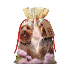 Yorkie Floral3 Print Christmas Gift Bags Package Drawstring Bags With Tags Holiday Gift Wrap Bags For Xmas Party