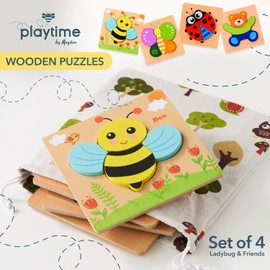 Magifire Wooden Puzzles, Set of 4 Montessori Toys for 1 Year Old, Toy for Toddlers 1-3, Baby Wood Toys with Chunky Pieces with Bag - Butterfly, Bee, Ladybug, Bear