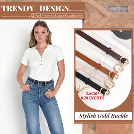 WERFORU 2 Pack Women's Skinny PU Leather Belt with Silver Buckle Ladies Thin Leather Leather Plus Size Waist Belt for Jeans Dress （Black+Brown,Fit Waist Size 25-30 Inches