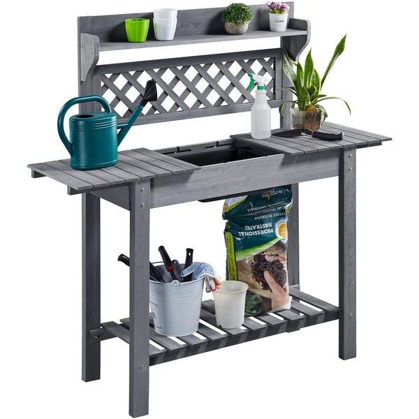 Topeakmart Potting Table Wood Workstation Table w/Sliding Tabletop w/Removable Dry Sink Storage Shelves Outdoor Garden Work Benches Station Planter Bench for Backyard Patio Gray