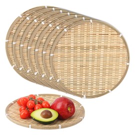 Geytetqi 8 Pack 12 Inch Handmade Bamboo Woven Basket Tray, Round Wicker Baskets, Shallow Food Serving Bamboo Trays for Breakfast, Fruit, and Snacks