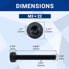 100 pcs M3-0.5 x 22mm Hex Socket Head Cap Screws Bolts, 12.9 Grade Alloy Steel, Black Oxide Finish, Full Thread, Precision Machine Thread Screws, Fayeploo (with Hex Spanner)