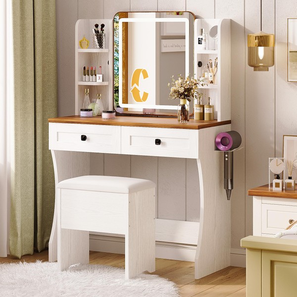 IRONCK Small Vanity Desk with 3 Lights, Makeup Vanity with