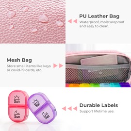 AUVON Pink PU Leather Bag Pill Boxes 7 Day 2 Times a Day, Large AM/PM Pill Box Organiser with Portable Zipper Leather Bag for Holding Supplements, Vitamins and Fish Oils