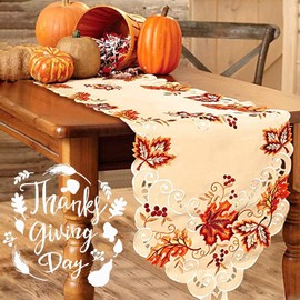 Fayavoo Thanksgiving Table Runner, Handmade Embroidered Maple Leaves Fall Table Runner 67 Inches Long for Autumn Harvest Thanksgiving Table Decorations,15 x 67 Inch