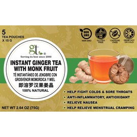 GT Instant Ginger Tea With Monk Fruit, 2.64 Ounce Box (5 Tea Pouches)