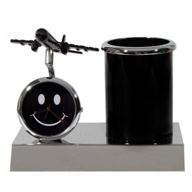 BBRATS Airplane Showpiece Metal Pen Stand for Office Table, Pencil Holder, Single Compartment Desk Organizers with Happy Smiley Analog Table Clock in Black Color for Home Desktop, Dashboard Decoration & Corporate Gifts