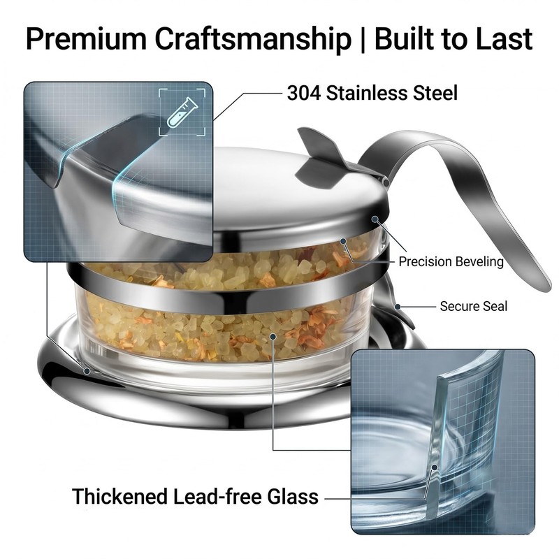 Stainless Steel Salt Cellar with Spoon & Lid, Heavy Duty