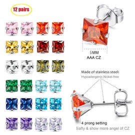 OIDEA Women's Stud Earrings with Cubic Zirconia: 12 Pairs of Earrings Set Stainless Steel Rectangle CZ Cubic Zirconia Ear Piercing Birthstone Stud Earrings for Teenagers Girls 5 mm Wide, Stainless
