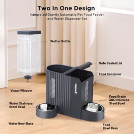 Gravity Cat Feeder and Water Dispenser with 304 Stainless Steel Bowls, 2 in 1 Automatic Cat Feeder with 180 Degree Rotatable Water Bowl, Large Capacity for Puppy Kitten Rabbits, Black