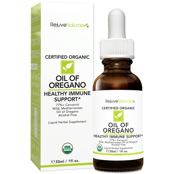 RejuveNaturals Oil of Oregano, USDA Organic - 1 fl oz (30ml Liquid) Wild, Mediterranean Oregano Oil. Concentrated Immune Support Drops. Gluten Free, Vegan & Non-GMO. Min 77% Carvacrol
