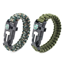 Paracord Survival Bracelet, Deesospro® 2 Pieces Survival Kit with Flint Fire Starter, Scraper, Compass, Whistle and Parachute Cord Buckle for Hiking Camping Boating