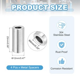PATIKIL 4Pcs Stainless Steel Spacers, 6mm ID x 12mm OD x 25mm Height 304 Stainless Steel Bushing Screw Standoff Unthreaded Round Spacer for 1/4" M6 Screws Bolts Nuts