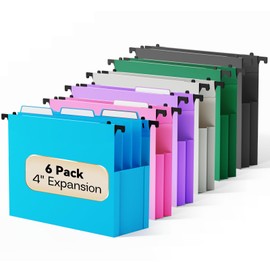 NORDUN Plastic Extra Capacity Hanging File Folders,6 Pack Heavy Duty 4" Expanding Pocket with Movable Dividers,Large Hanging Folders,Letter Size Filing Cabinet,Adjustable Tabs,for Bulky Files,Colorful