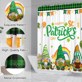Wefrea St. Patrick's Day Shower Curtain with Hooks, Lucky Clover Gnome Design, Waterproof Fabric, Happy Lucky Decorations for Bathroom, 72"x72"