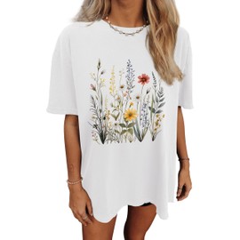 LUXVEER Oversized Graphic T Shirts for Women Short Sleeve Crewneck Summer Tops Casual Loose Basic Floral Boho Wildflower Vintage Cottagecore Shirts