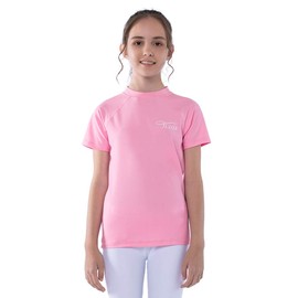 TIZAX Girls' Short-Sleeved UV Swimming Shirt Children's Swimming Shirt UPF 50 + Quick-Drying Rash Guard, pink, 13 - 14 years