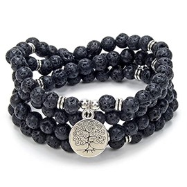 108 Mala Beads Bracelet-Mala Beads Meditation Balance Tree of Life Bracelet-Meditation 108 Mala Necklace (Black Lava Stone)