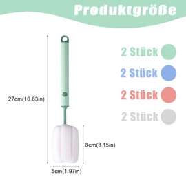 8 Stück Flaschenbürste Schwamm, 27 cm Langer Griff Flaschenschwamm, weiche Schwamm mit stiel für Babyflaschen, Tassen, Kessel(Blau, Beige, Grau, Rosa)