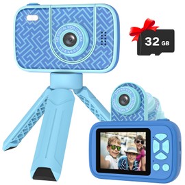 Mgaolo Kids Camera with Flip Lens & Tripod Stand, 1080P HD Digital Camera for Children, 32GB SD Card, 2.4" Screen, Selfie Mode - Boys Girls Ages 3-12 (Blue)
