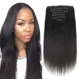 ABH AMAZINGBEAUTY HAIR 22 Inch Yaki Straight Clip in Hair Extensions Natural Black Straight Hair for Black Girl Yaki Hair Clip ins 7 Pcs With 17 Clips 120g