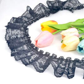 Kuasting 11 Yard Vintage Lace Pleated Fabric Trimming Ruffle Fabric Embroidered Sewing Craft Wedding Bridal Dress Appliques Patches & Handmade DIY Sewing (Black)