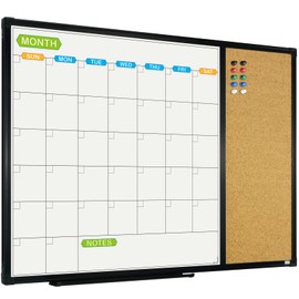 JILoffice Magnetic Calendar Whiteboard & Bulletin Corkboard Combination, Combo Board 28 x 20 Inch, Black Aluminum Frame Wall Mounted Board for Office Home and School with 10 Push Pins