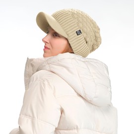 C.C Fuzzy Fleece Lined Warm Oversized Chunky Soft Stretchy Oversized Two Way Ribbed Slouchy Knit Hat with Visor Brim, Beige