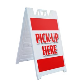 A-Frame Sidewalk Pick-up Here 24" x 36" Double Sided A-Frame Sidewalk Sign, Includes 2 Installed Vinyl Decals | Foldable Portable White Signicade Sandwich Board Signs