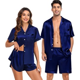 SWOMOG Mens Silk Pajamas Sets Short Sleeve Satin Loungewear Button-Down Sleepwear Two-Pieces PJs Sets with Shorts Dark Navy Blue