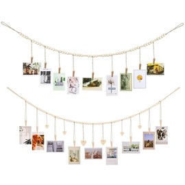 2 Pcs Wall Hanging Photo Display, Boho Photo String with Wooden Beads and Clips, Wall Picture Holder Collage Picture Display DIY Hanging Photo Frame Set for Home Decor