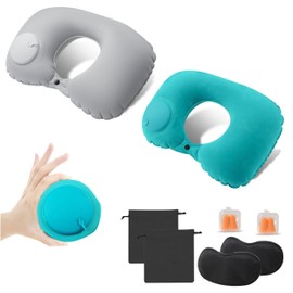 2 Set Inflatable Travel Pillow, Portable Lightweight Camping Pillow with Self-Contained Air Pump, U-Shaped Neck Pillow with Sleep Mask Earplug and Carry Bag for Airplane Car Office Outdoor