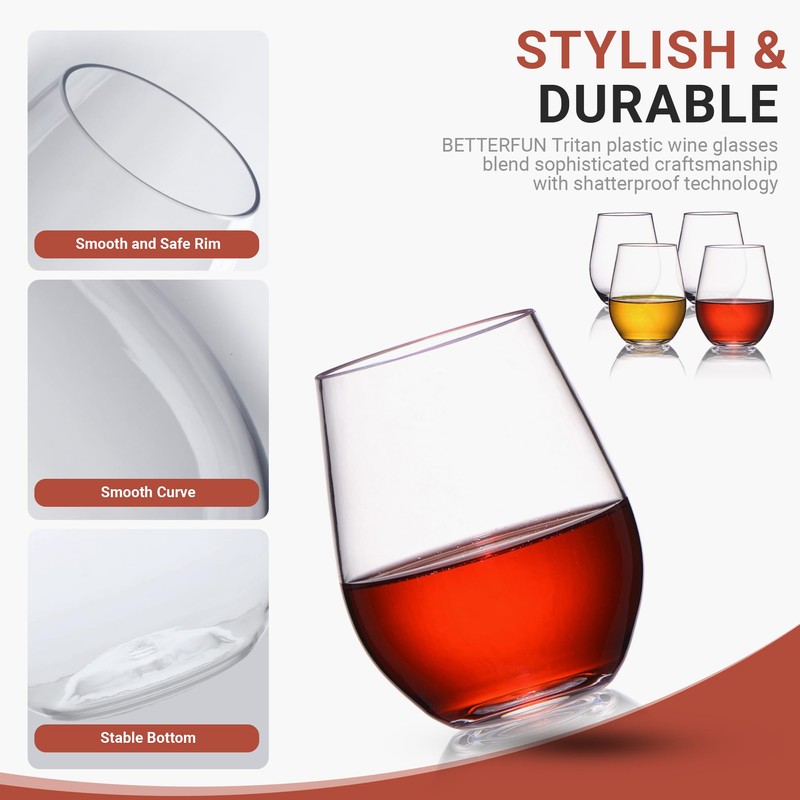 BETTERFUN Stemless Tritan-Plastic Red White Wine Glasses Set of 4-16