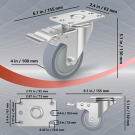 4 Inch Stainless Steel Caster Wheels with Brake, Heavy Duty 304 Casters Set of 4, Non-Marking TPR Quiet Wheels, 2300 lbs, Swivel for Furniture, Labs, Kitchens,Industrial with Hardware Kits
