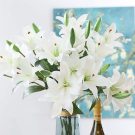 LNHOMY 6 Pack Artificial Lily Flowers Full Bloom Fake Latex Real Touch Artificial Flower Bouquets with 3 Heads Wedding Party Decor Home Decor, (White)