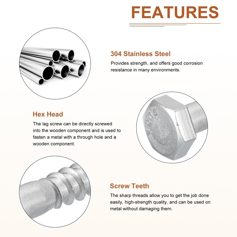 DTGN M6x75mm Hex Lag Bolts -15 Pack - for Woodworking,