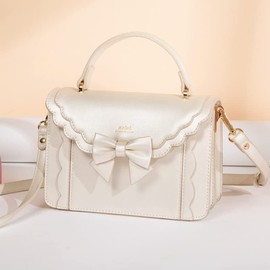 JIANGBOMEI Lolita 2-Way Shoulder Bag, Handbag, Pochette Bag with Ribbon, Elegant Small Crossbody Bag, Students, Cosplay, PU Leather, Popular, Fashionable, pearl white