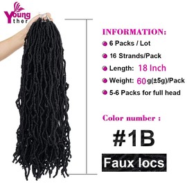 Youngther 18 inch New Faux Locs Crochet Hair Curly 6 Packs New Soft Locs Crochet Hair for Black Women Pre Looped Synthetic Goddess Locs Braiding Hair (18inch 6packs,1B#)
