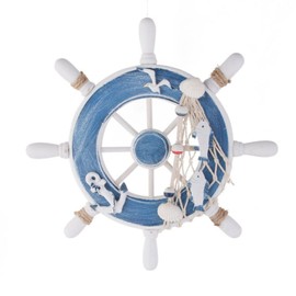 WINOMO Wooden Ship Steering Wheel with Fishing Net Anchor Seagull Nautical Wall Hanging Decoration,Blue, White,23 x 23 x 2 cm; 189 Grams