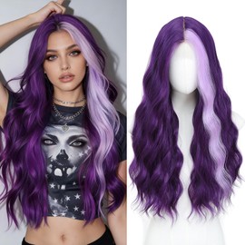 Dark Purple Highlight Wig Long Wavy 26 Inch Middle Part Wigs for Women