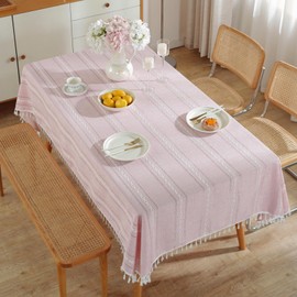 55 x 70 inches Boho Rustic Farmhouse Style Rectangular Tablecloth Cotton Linen Dust-Proof Table Decoration for Kitchen Dining Party (55 x 70 Inch, Pink)