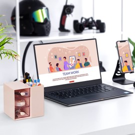 LETURE Small Desk Organizer with Drawer, Office School Business Storage Box for Card/Pen/Pencil/Marker/Stationery, Plastic Cosmetic Makeup Organizer (Pink)