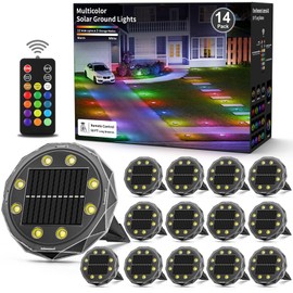 Solar Ground Lights with Remote Control 50ft, IP67 Waterproof Solar Garden 15 Color Lights, RGB Solar Powered Outdoor Landscape Lighting for Pathway,Yard,Deck,Lawn,Patio,Walkway,Poolside,14 Pack