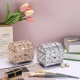 Hipiwe Crystal jewelry Box Gold Treasure Chest Box Glass Mirrored Jewelry Box Decorative Keepsake Case Jewelry Display Case Trinket Organizer for Rings Earrings,Home Decor